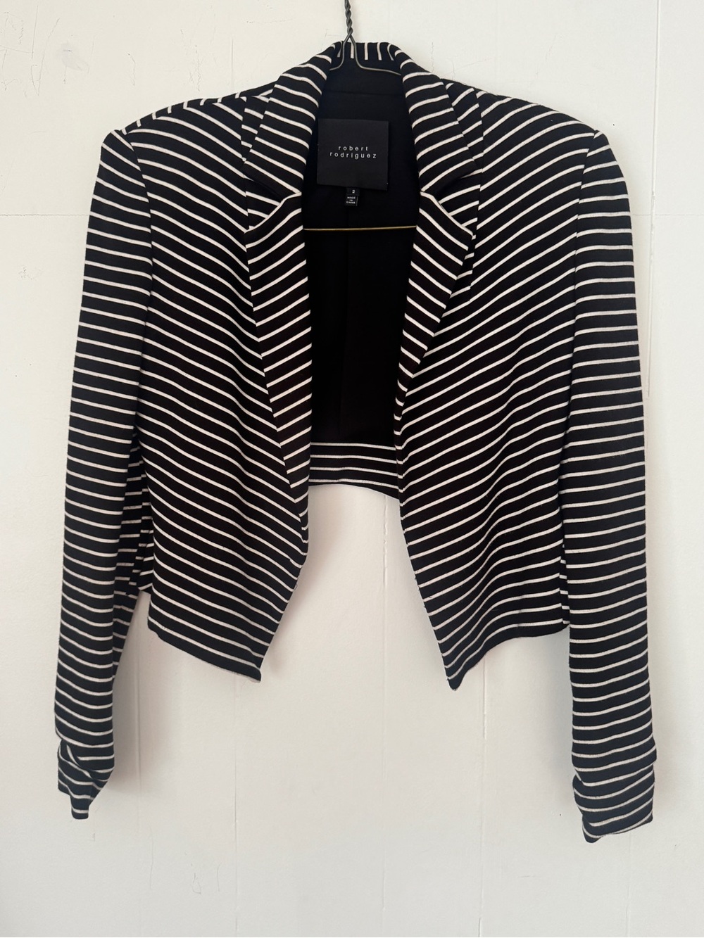 Robert Rodriguez Black & White Striped Open-Front Cropped Blazer